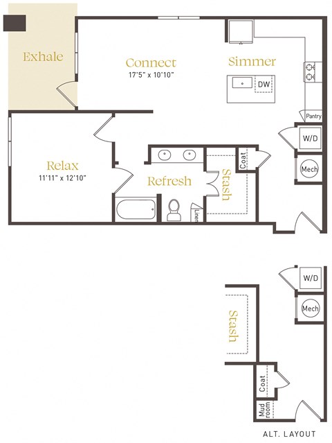 Floor plan for 1 bed, 1 bath, 896 sqft